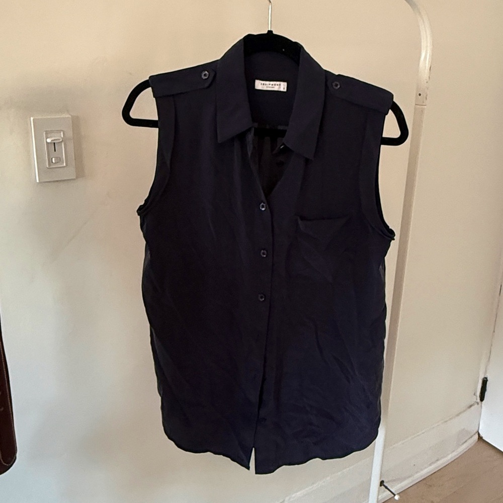 Equipment Silk Dark Blue Sleeveless Button-Down Shirt
